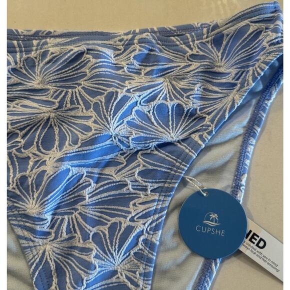 CUPSHE Bikini Bottom Size Medium High Cut Textured Floral Blue White Swim Resort - Picture 2 of 7